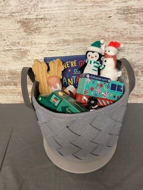 Target Gray Basket with Holiday Plush Penguin & Snowman Toys